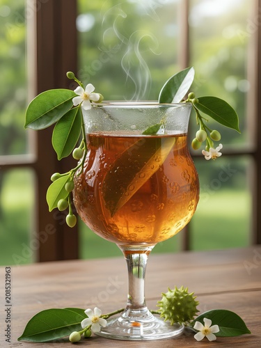 teaming herbal infusion in an amber hue fills an embossed glass goblet, resting on a rustic wooden table. The drink is decorated with fresh green leaves and delicate white flowers of Citrus aurantium.