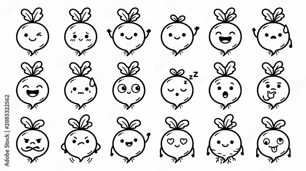Fototapeta premium Cute Radish Characters with Various Emotions, Kawaii Style, Hand-drawn Vector Art