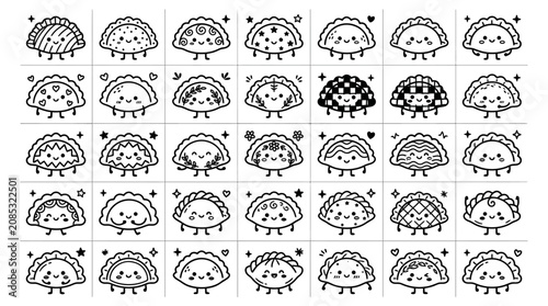 Cute Kawaii Dumplings Collection, Doodle Food Characters, Black and White Line Art