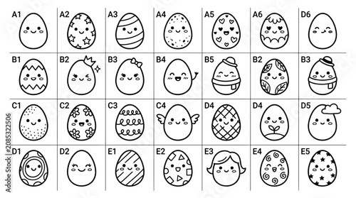 Cute Kawaii Easter Eggs Collection, Hand-drawn Outline Illustrations
