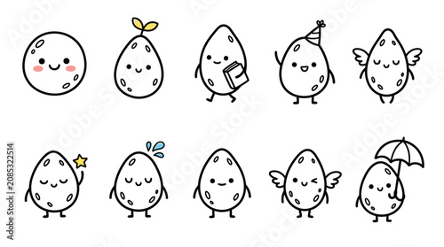 Cute Kawaii Egg Characters Set: Different Emotions and Activities
