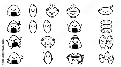 Cute Kawaii Rice Balls & Grains Characters - Hand Drawn Doodle Art