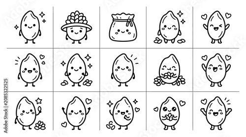 Cute Kawaii Rice Grain Characters with Happy Expressions and Hearts, Vector Set