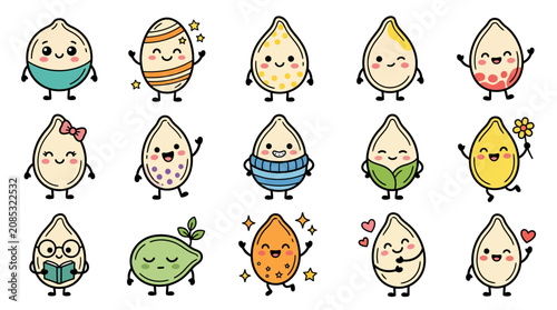 Cute Kawaii Seeds Characters Collection, Happy Cartoon Sprouts with Faces