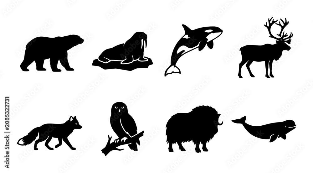 Obraz premium Arctic Wildlife Silhouettes: Polar Bear, Walrus, Orca, Reindeer, Fox, Owl, Musk Ox, Narwhal