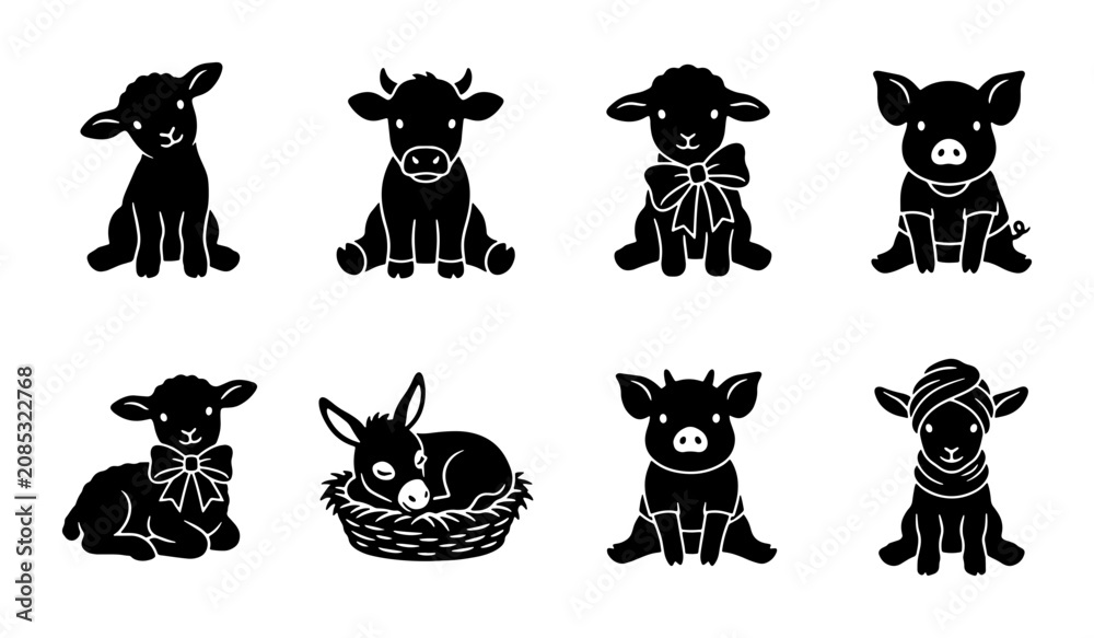 Obraz premium Cute Farm Animal Silhouettes, Baby Lambs, Piglets, Calf, Donkey in Basket, Vector Icons