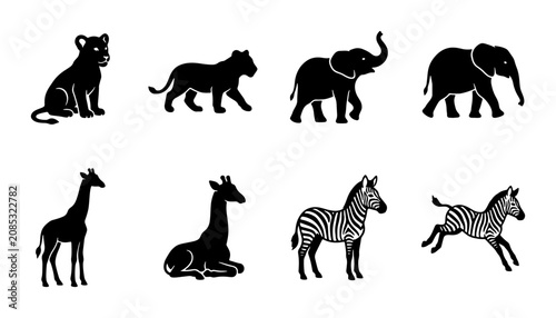 Photography African Wildlife Silhouettes: Lion Cub, Lion, Elephants, Giraffes, Zebras, Safar