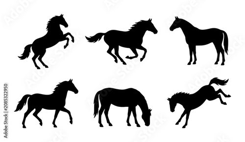 Photos Horse Silhouettes Set: Galloping, Rearing, Grazing Equine Vector Graphics