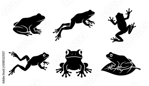 Black Frog Silhouettes Set, Amphibian Vector Icons, Wildlife Animal Graphic Elements