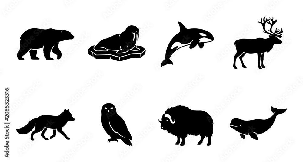 Obraz premium Arctic Wildlife Silhouettes: Polar Bear, Walrus, Orca, Reindeer, Fox, Owl, Musk Ox, Narwhal Icons