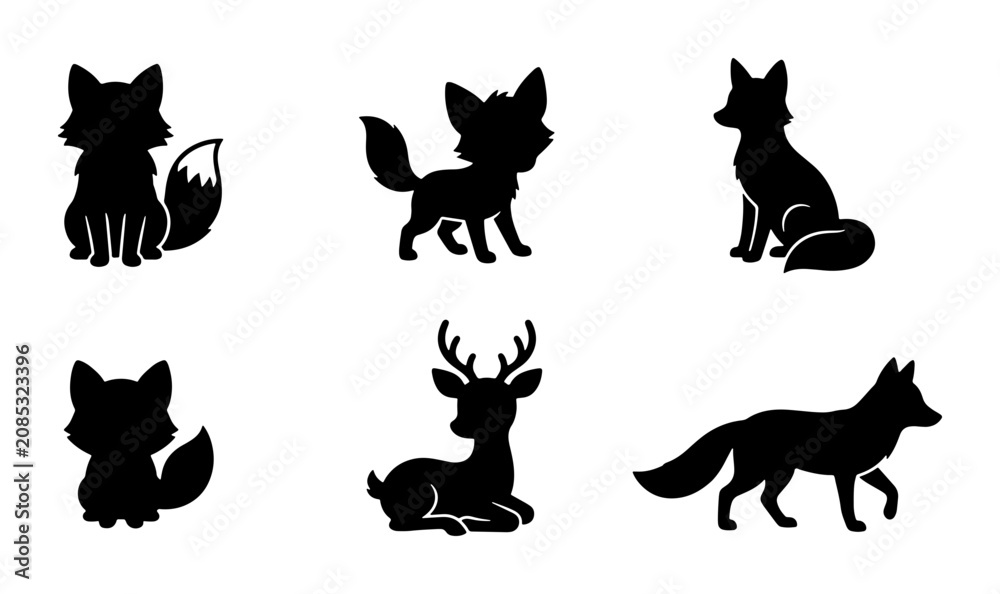 Fototapeta premium Cute Fox and Deer Silhouettes, Woodland Animal Vector Icons, Simple Black Forest Creatures Collection