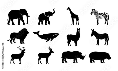 Photography African Safari Wildlife Silhouettes, Zoo Animals Collection, Diverse Fauna Icons