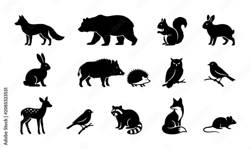 Fototapeta premium Forest Wildlife Silhouette Icons: Bear, Fox, Deer, Owl, Squirrel, Rabbit, Raccoon, Hedgehog, Birds, Boar, Mouse Vector Set