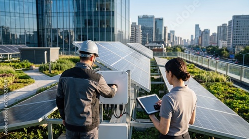 Engineers inspecting solar panels on green rooftop, sustainable energy technology in modern city
