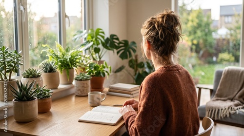 Woman writing in journal at wooden desk near window, cozy home interior with many potted plants, mindfulness and self-care routine, peaceful morning atmosphere