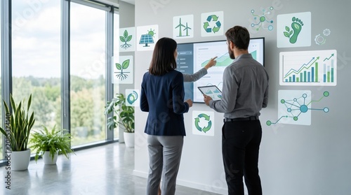 Business professionals analyzing ESG sustainability metrics on large screen, corporate social responsibility strategy meeting, green energy icons floating around