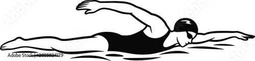 Фотография Female swimmer swimming freestyle crawl stroke vector illustration, monochrome a