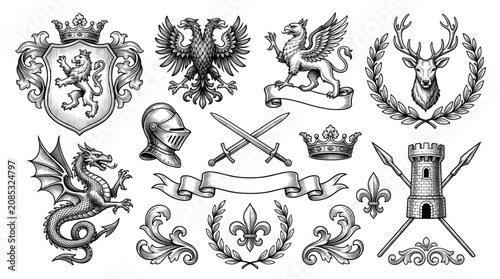 Tableau sur toile Vintage Heraldic Symbols Vector Collection with Medieval Shields Animals Crowns