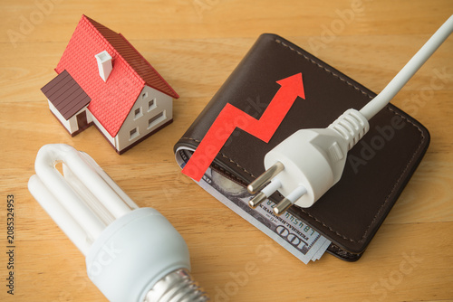 House, light bulb, electrical plug and wallet with growth red graph on table. Electricity prices increase, energy crisis in war, home financial management and planning, expense control concept.