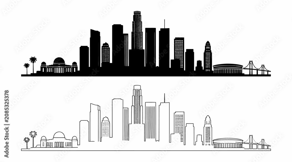 Fototapeta premium Los Angeles city skyline silhouette in solid and outline styles