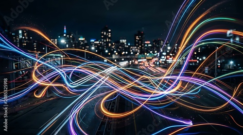 Colorful light trails long exposure over city highway at night showing neon energy motion and urban connectivity in futuristic digital concept.