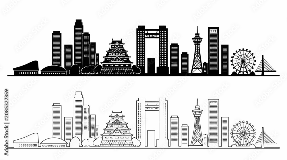 Obraz premium Osaka City Skyline Silhouette and Outline Vector Illustration
