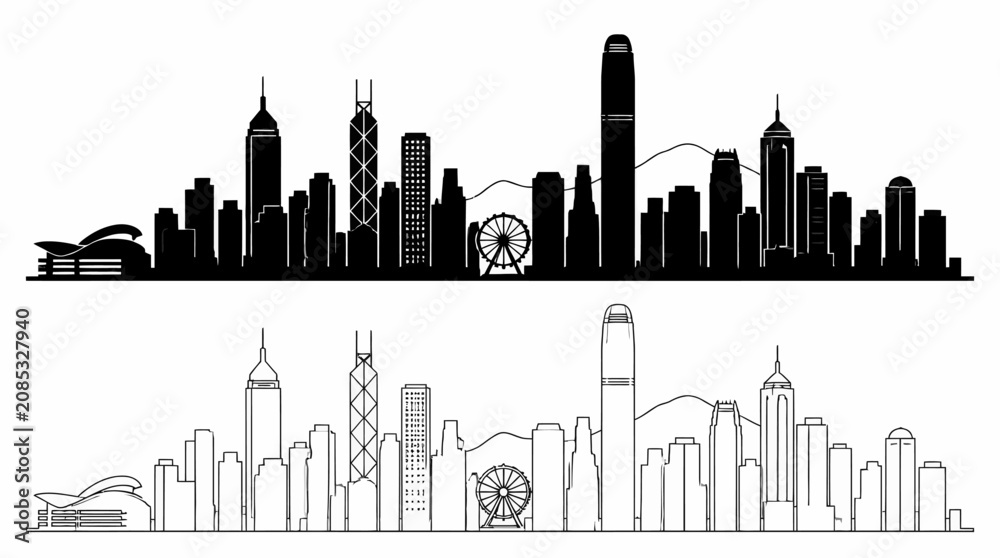 Fototapeta premium Hong Kong City Skyline Silhouette Vector Illustration