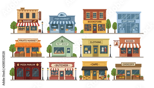 Obraz na płótnie Flat style vector set of local city storefronts shops buildings facades business