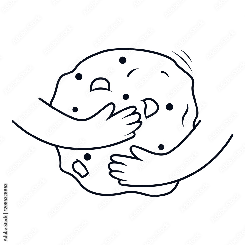 Fototapeta premium Warm Cookie With Melting Chocolate Filling Doodle Line Art Illustration