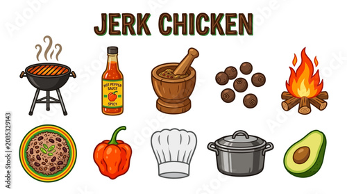 Quadro su tela Grilled Jerk Chicken Cooking Ingredients and Spices Flat Vector Illustration Set