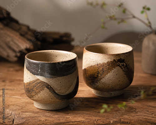 Two Handcrafted Ceramic Cups on Wooden Surface with Natural Decor