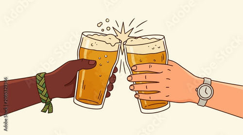 Two diverse hands holding cold beer glasses clinking together in a celebratory toast against a clean white background, portraying friendship and casual social gathering at a pub or party.