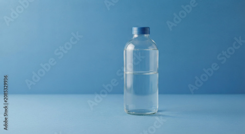 Clear glass bottle filled with liquid against blue background