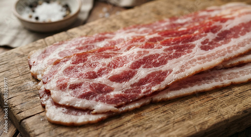 Raw Uncooked Bacon Slices on Rustic Wooden Board