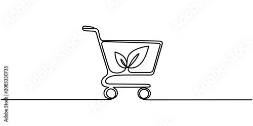 Eco Shopping Cart with Leaves Continuous One Line Drawing Vector