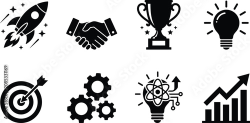 Business startup and success icon set featuring rocket launch, handshake, trophy, lightbulb, target, gears, and growth graph vectors.