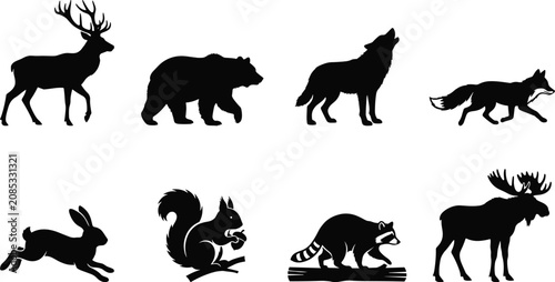 Cuadro en lienzo Forest animals silhouette icon set featuring wild deer grizzly bear howling wolf