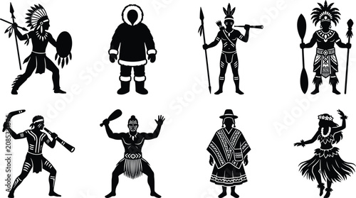 Schilderij op canvas Indigenous people and native tribe warriors silhouette icon set representing div