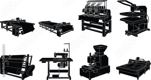Bild auf Leinwand Industrial textile machinery and garment manufacturing equipment icons set vecto