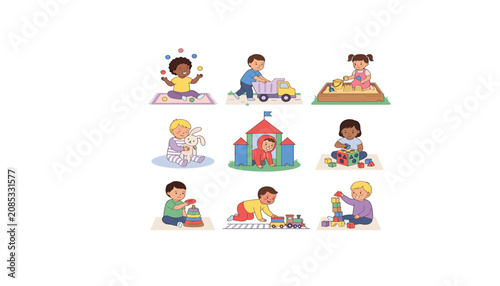 Vászonkép Cute cartoon toddlers playing vector set featuring diverse little children with
