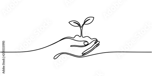 Hand Holding Plant Continuous One Line Drawing Vector