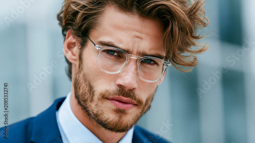 Handsome young businessman with glasses looking at camera outdoors
