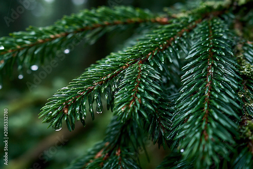 Close up of evergreen conifer branch with raindrops in forest