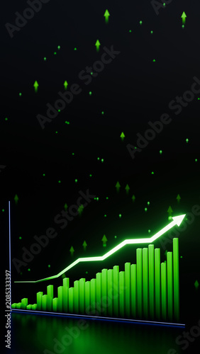Futuristic glowing chart with upward green bars and arrows representing finance, investment success and global economic growth 3D Rendering
