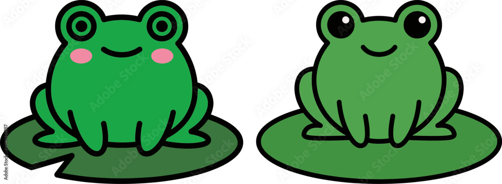 Fototapeta premium Cute cartoon frog vector character sitting on green lily pad pond leaf sticker