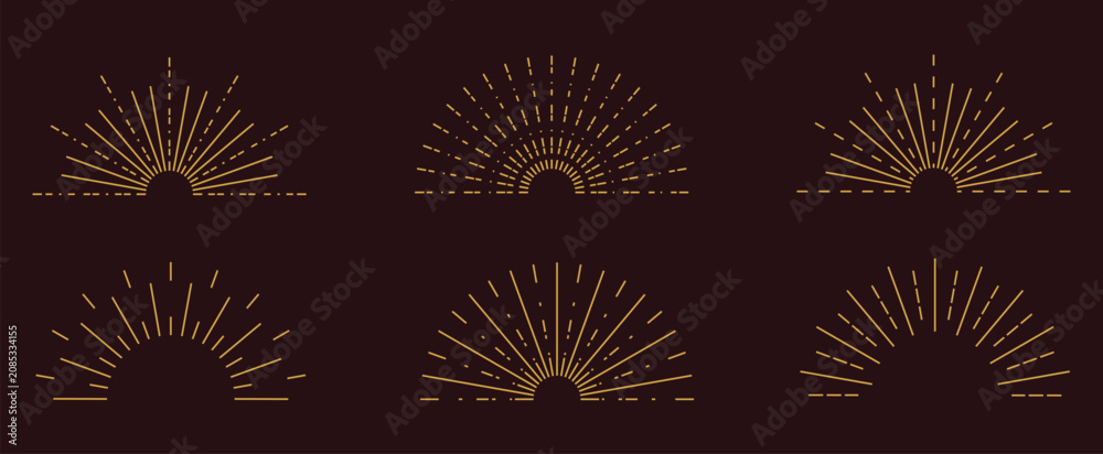 Fototapeta premium Set of boho half sunrise line icons with various retro, geometric, and radiating line designs