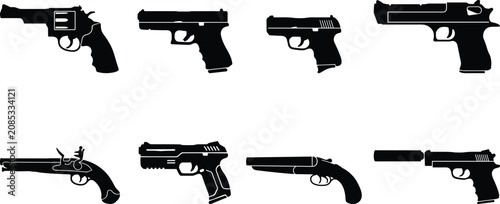 Tableau sur toile Collection of handgun and pistol vector silhouettes featuring revolver automatic