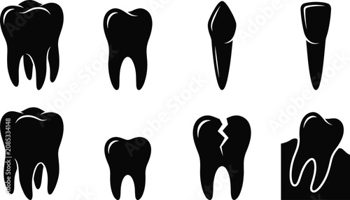 Canvastavla Dental teeth silhouettes icon set featuring healthy, cracked, molar, premolar, a
