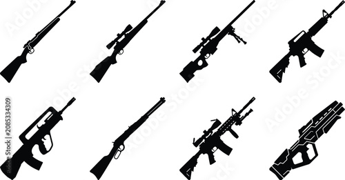 Schilderij op canvas Military and hunting rifle silhouettes set featuring sniper rifles automatic ass