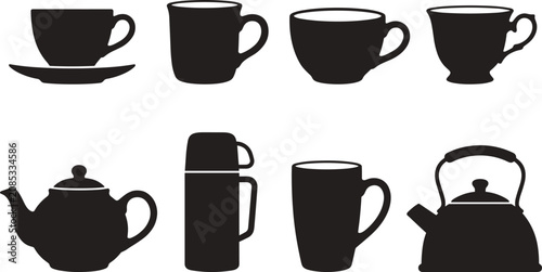 Fotografía Set of black hot drink kitchenware silhouettes featuring teacups coffee mugs tea